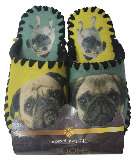 Весели домашни пантофи PantofiBG с мопсове (принт), снимка на продукта.